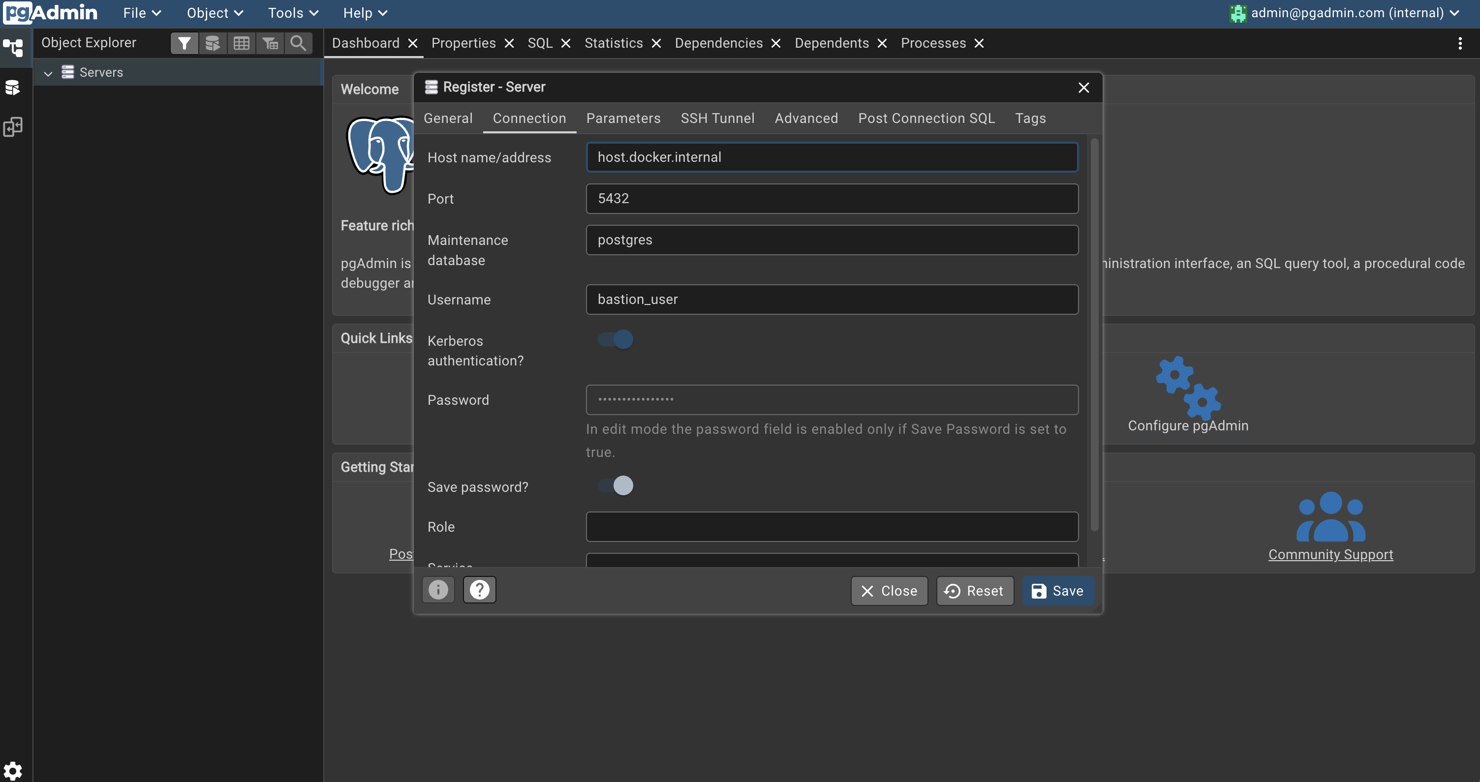 pgAdmin Register Server dialog with the Connection tab filled in, showing host.docker.internal as the host name, port 5432, and bastion_user as the username